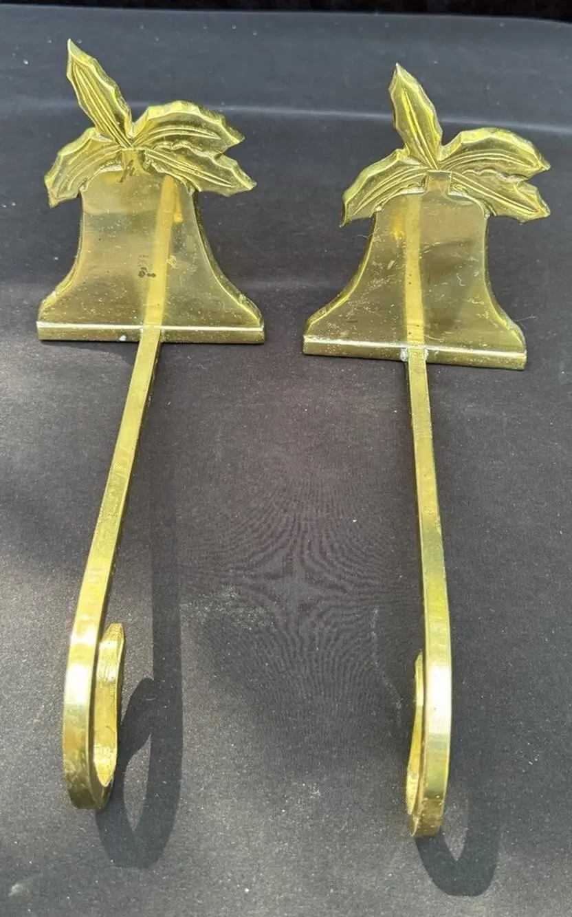2 Vintage Gold Bell Solid Brass Stocking Holder Hooks Heavy Christmas A56